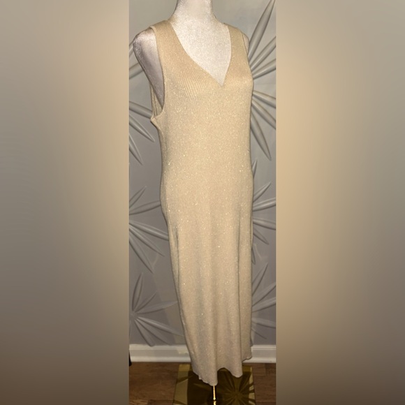 EUC Rachel Zoe SZ XL beige/gold knit sleeveless dress w/dual V-neck/bust 34-54 - Picture 2 of 10